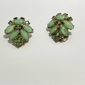 Vintage 60s Lime Green and Iridescent Rhinestone Clip-on Earrings